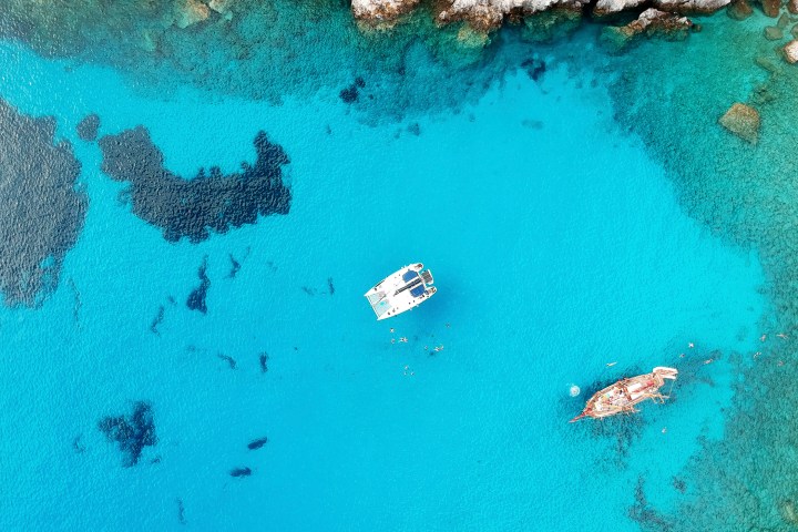 A drone photo of our catamaran in Galazia Nera in Poliegos